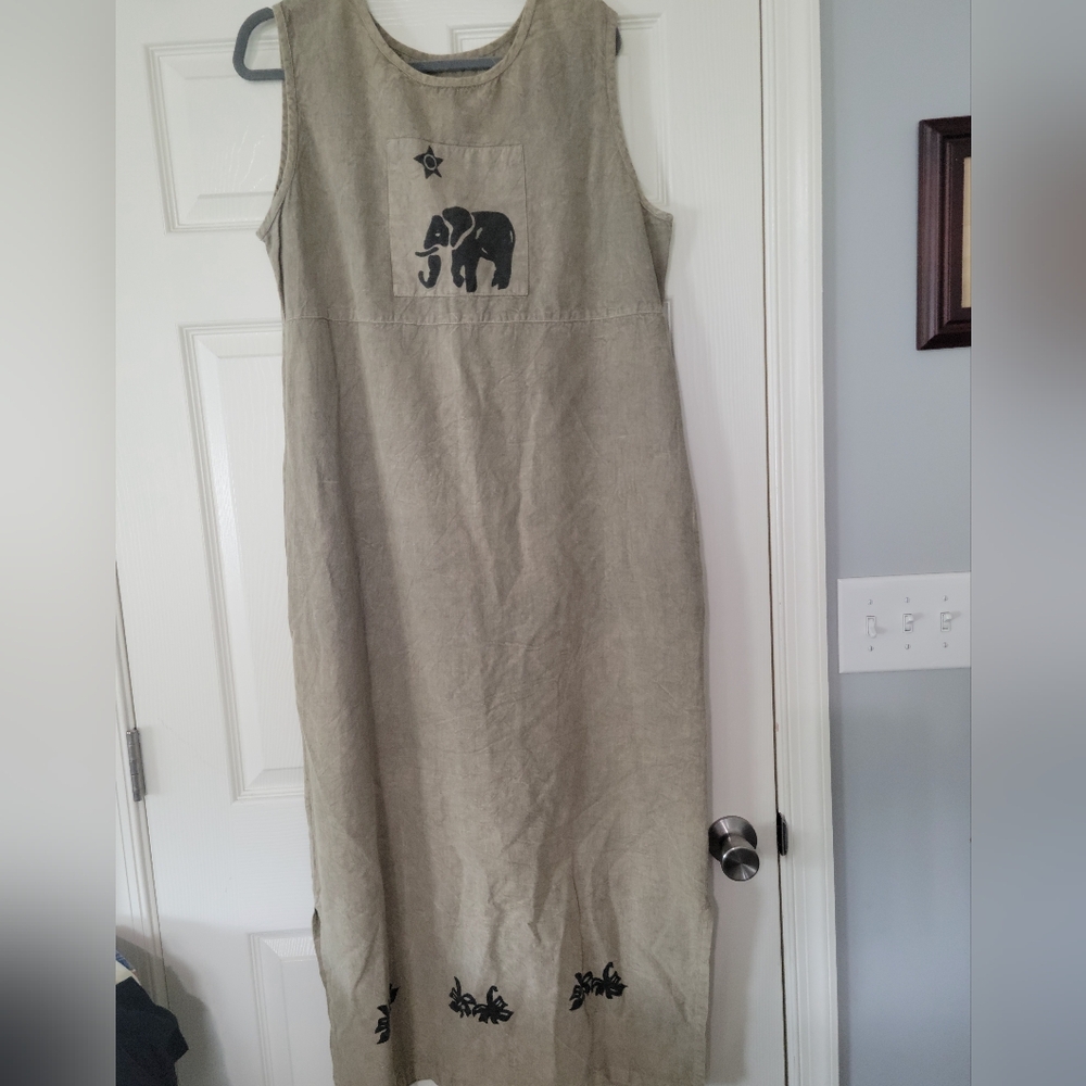 R.J. & Co. Vintage Womens Linen Blend Sleeveless ElephantDesign Front Side Slits